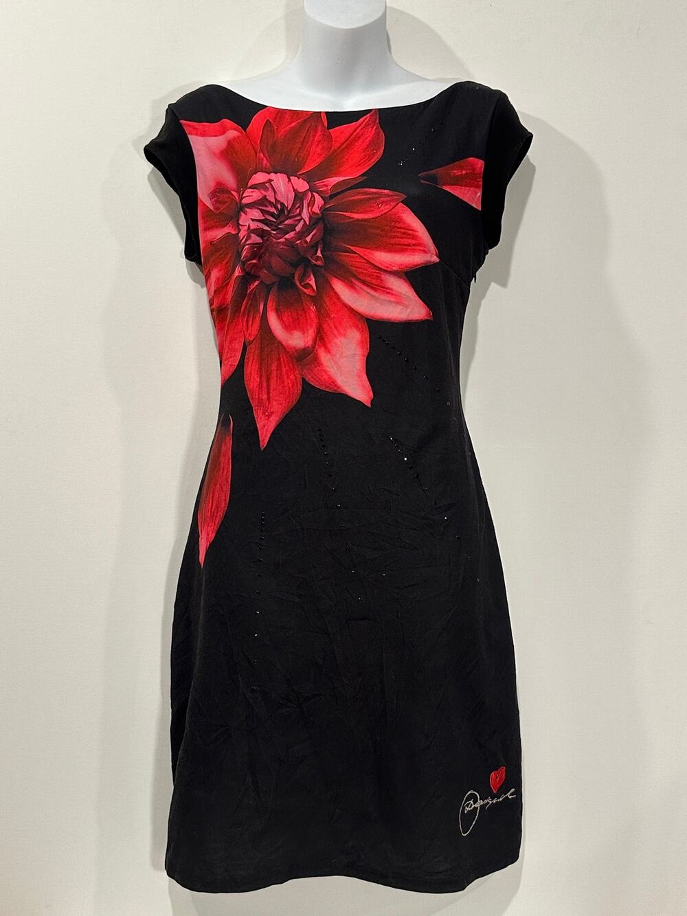 Desigual Vintage Black Red Dahlia Floral Rhinestone Cap Sleeve Mini Dress M